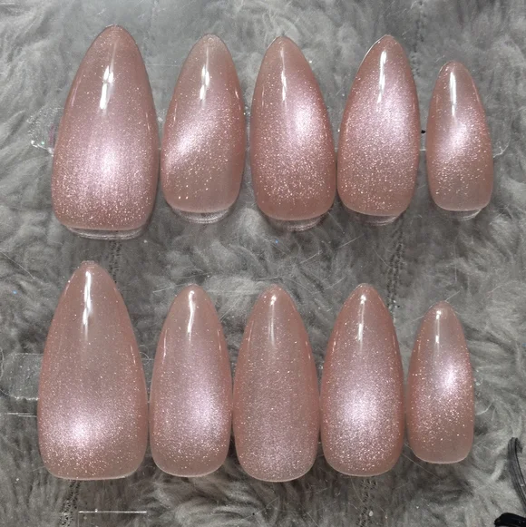 Sparkling Mauve Press-On Nails - Nude Pink Almond Set - Picture 1 of 3
